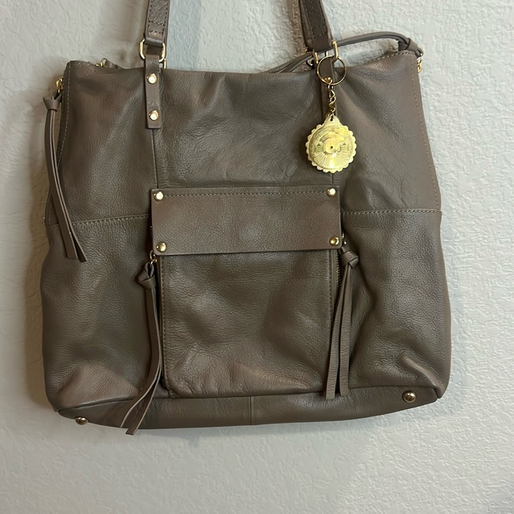 KOOBA Everette Tote Genuine Taupe Leather Lrg Shoulder Purse with gold hardware